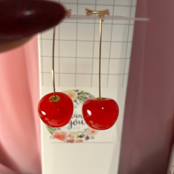 Gold Red Cherries Earrings - Picture 3 of 4